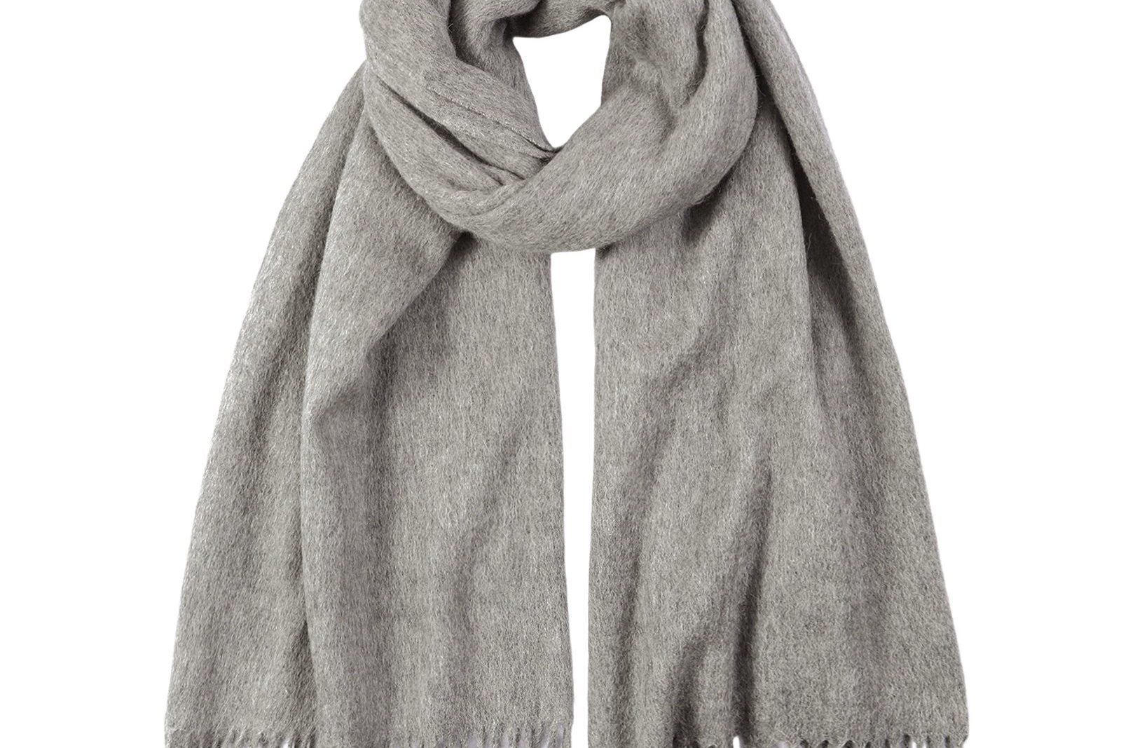 Grey wool scarf with fringed ends, folded and tied